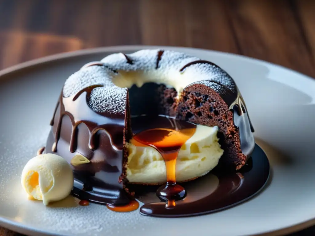 Delicioso pastel de lava de chocolate sin gluten con helado de vainilla cremoso, una tentación irresistible bajo la luz ambiental