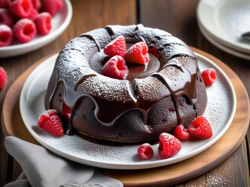 Delicioso pastel de lava de chocolate sin gluten con frambuesas frescas en mesa rústica