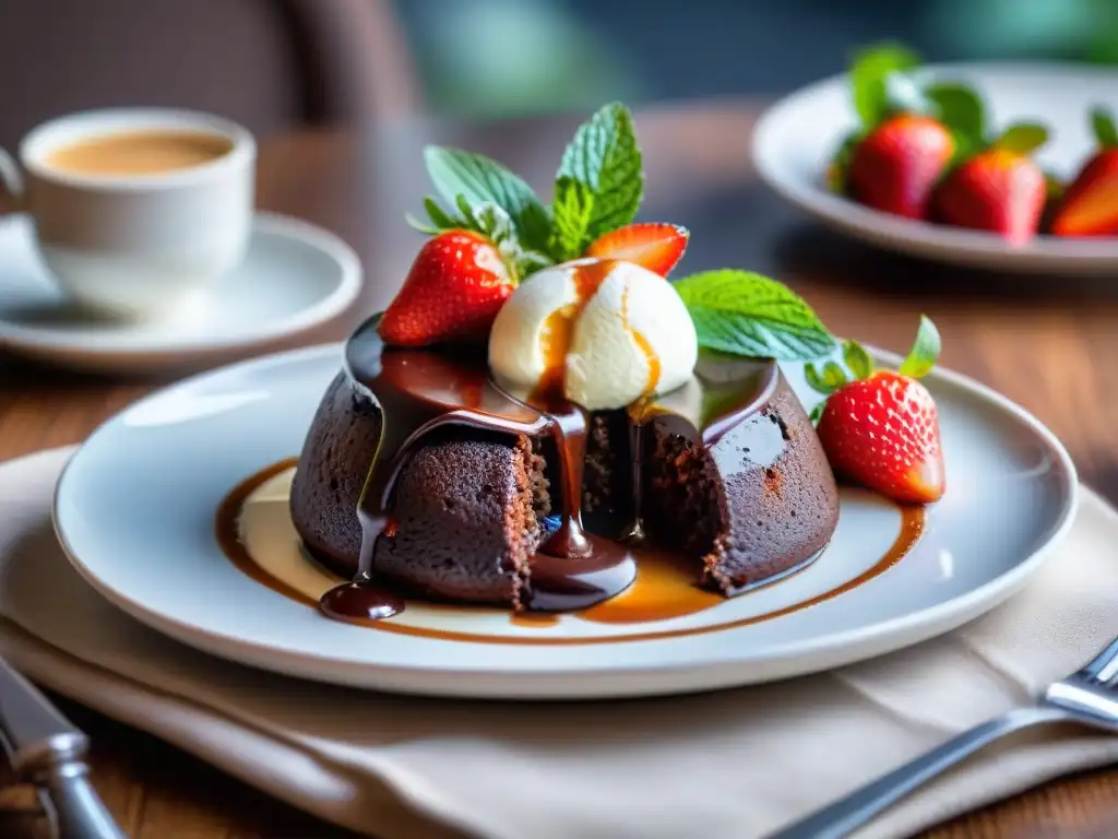 Delicioso pastel de lava de chocolate sin gluten en restaurante elegante