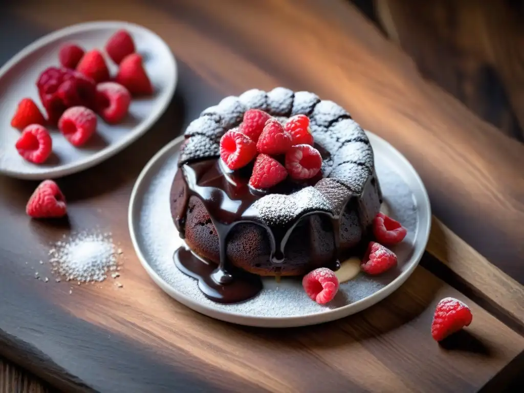 Delicioso pastel de lava de chocolate sin gluten con frambuesas frescas y azúcar glas