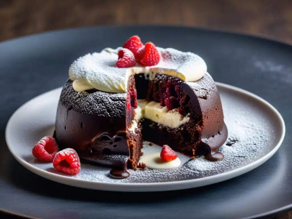 Delicioso pastel de lava de chocolate sin gluten con helado de vainilla y frambuesas frescas, en un elegante plato blanco sobre fondo oscuro