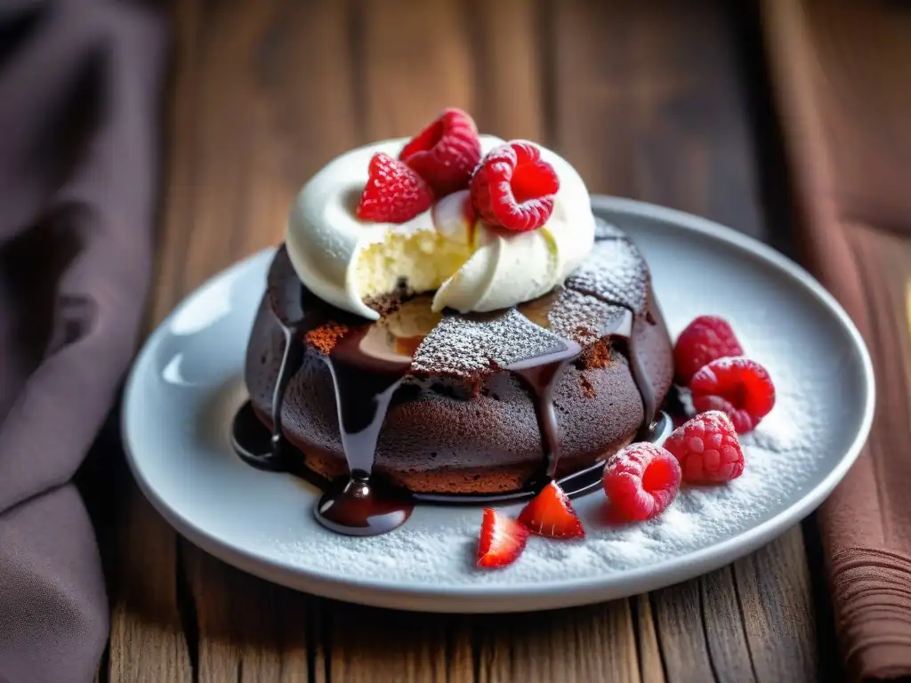 Delicioso pastel de lava de chocolate sin gluten con helado de vainilla y frambuesas frescas en plato blanco sobre fondo de madera rústico