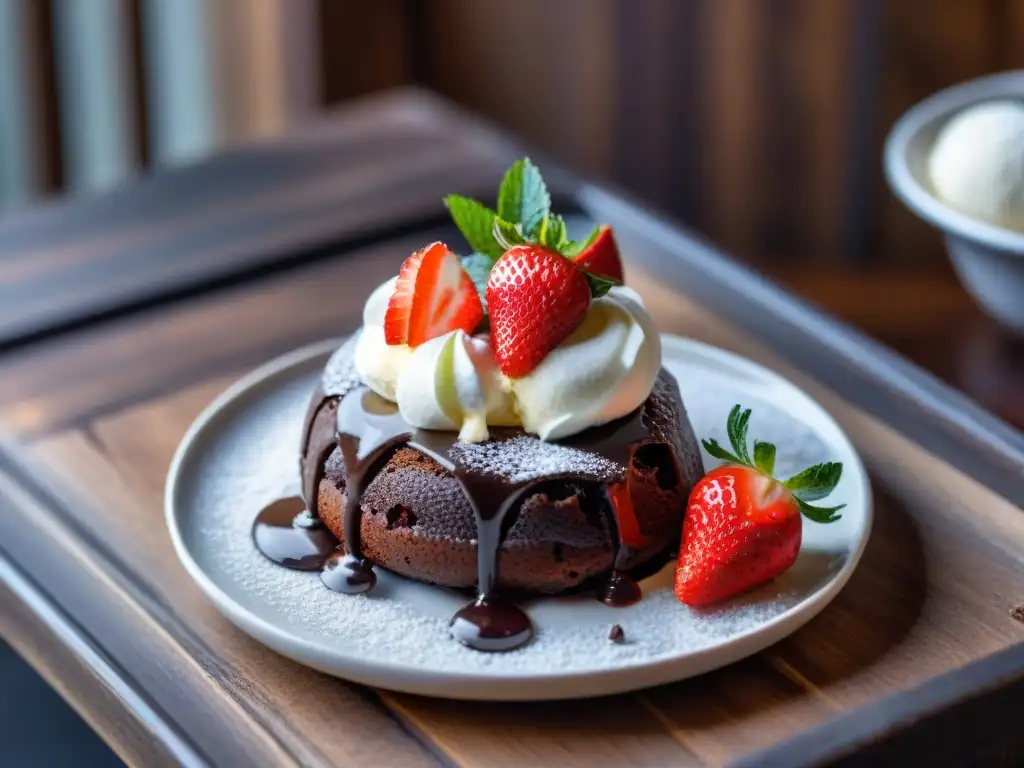 Delicioso pastel de lava de chocolate sin gluten con helado de vainilla y fresas frescas en una elegante presentación