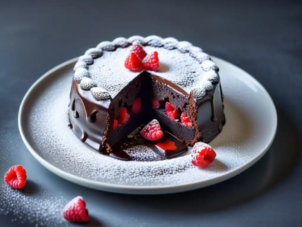 Delicioso pastel de lava de chocolate sin gluten, recién horneado con frutos rojos y menta