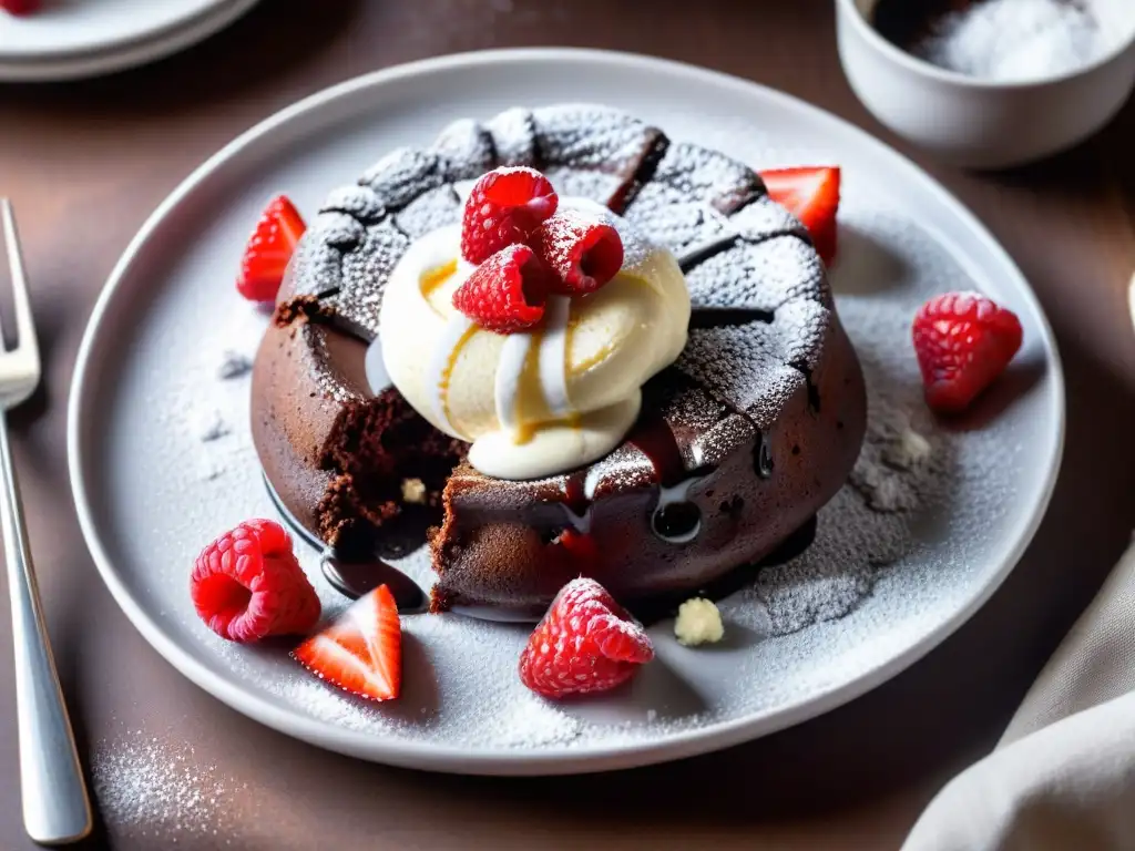 Delicioso pastel de lava de chocolate sin gluten con helado de vainilla y frambuesas frescas, ¡recetas postres sin gluten saludables!