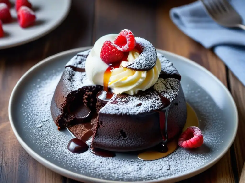 Delicioso pastel de lava de chocolate con helado de vainilla, frambuesas frescas y azúcar glas, en plato blanco y fondo de madera