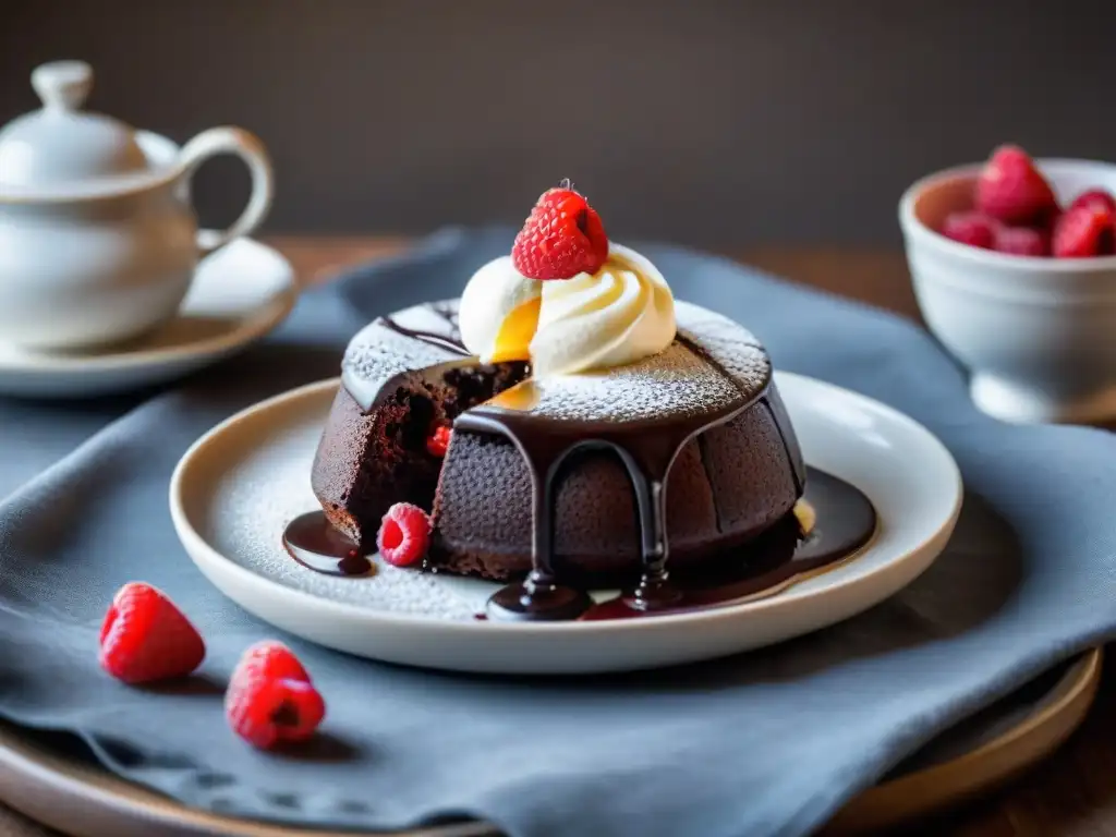 Delicioso pastel de lava de chocolate con helado de vainilla, frambuesas y salsa de chocolate, en un plato vintage