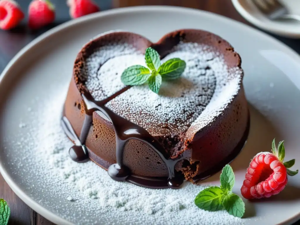 Delicioso pastel de lava de chocolate en forma de corazón, con frambuesas frescas y menta, perfecto para San Valentín