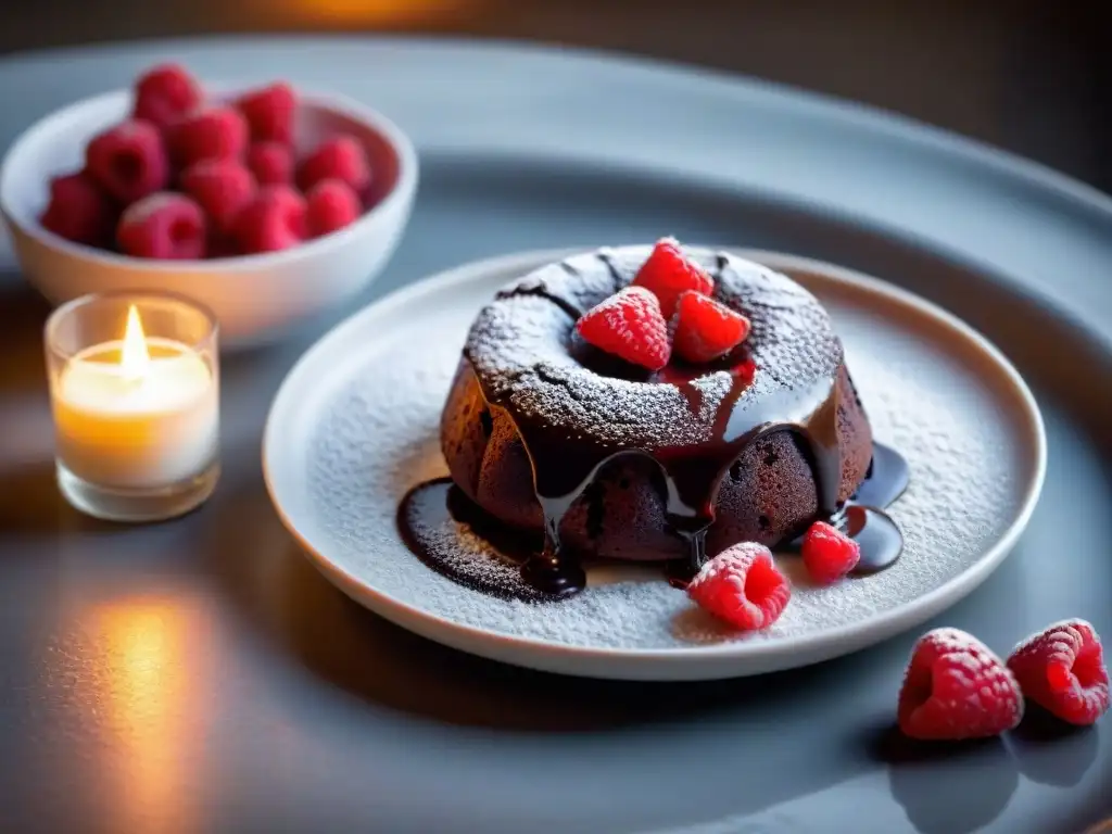 Delicioso pastel de lava de chocolate sin gluten para San Valentín, con centro fundido, frambuesas y una mesa romántica a la luz de las velas