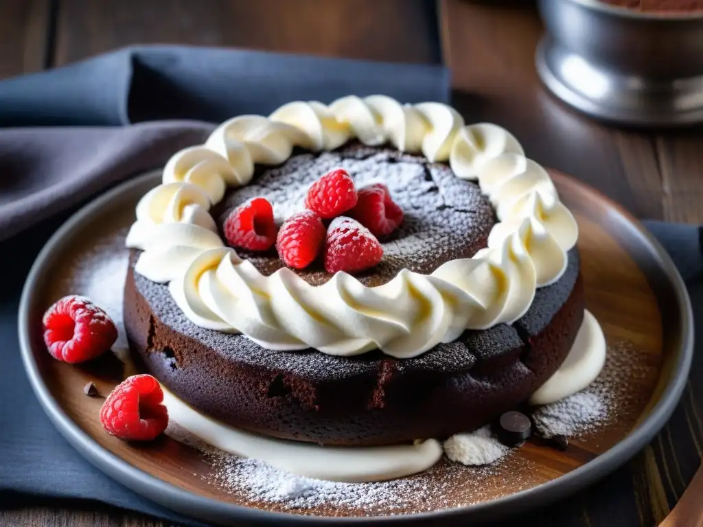 Delicioso pastel de lava de chocolate sin gluten, ideal para postres de invierno, con crema batida y frambuesas frescas en una mesa rústica