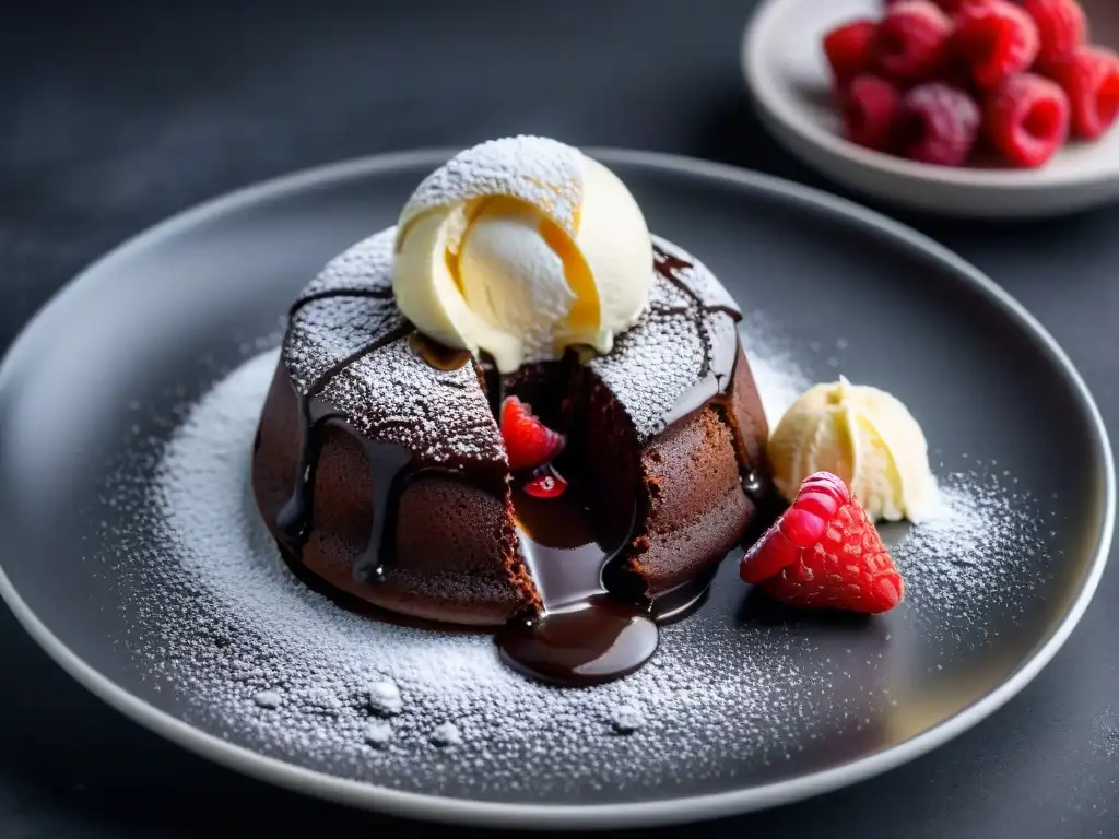 Delicioso pastel de lava de chocolate sin gluten con helado de vainilla y frambuesas