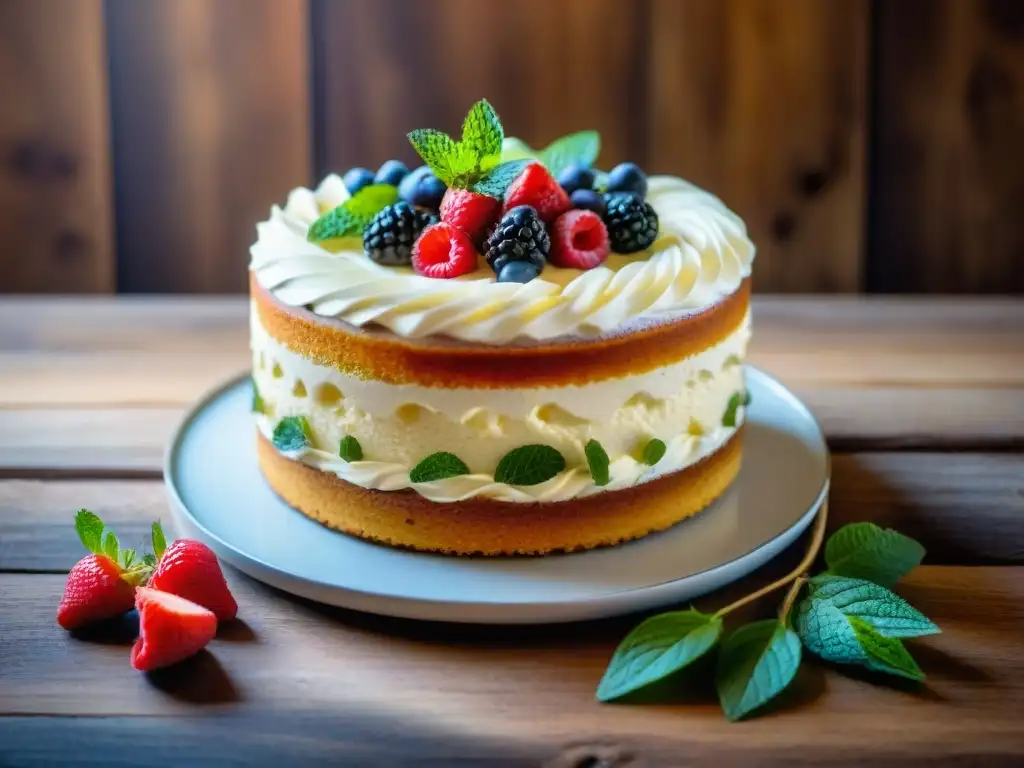 Un delicioso pastel tres leches decorado con frutas y menta sobre una mesa de madera rústica, en un mercado latino animado