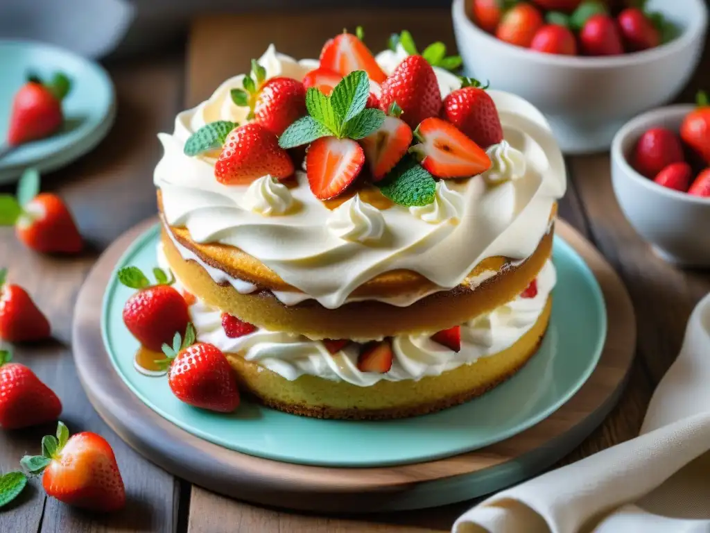 Un delicioso pastel tres leches con fresas, menta y crema batida, sobre mesa rústica