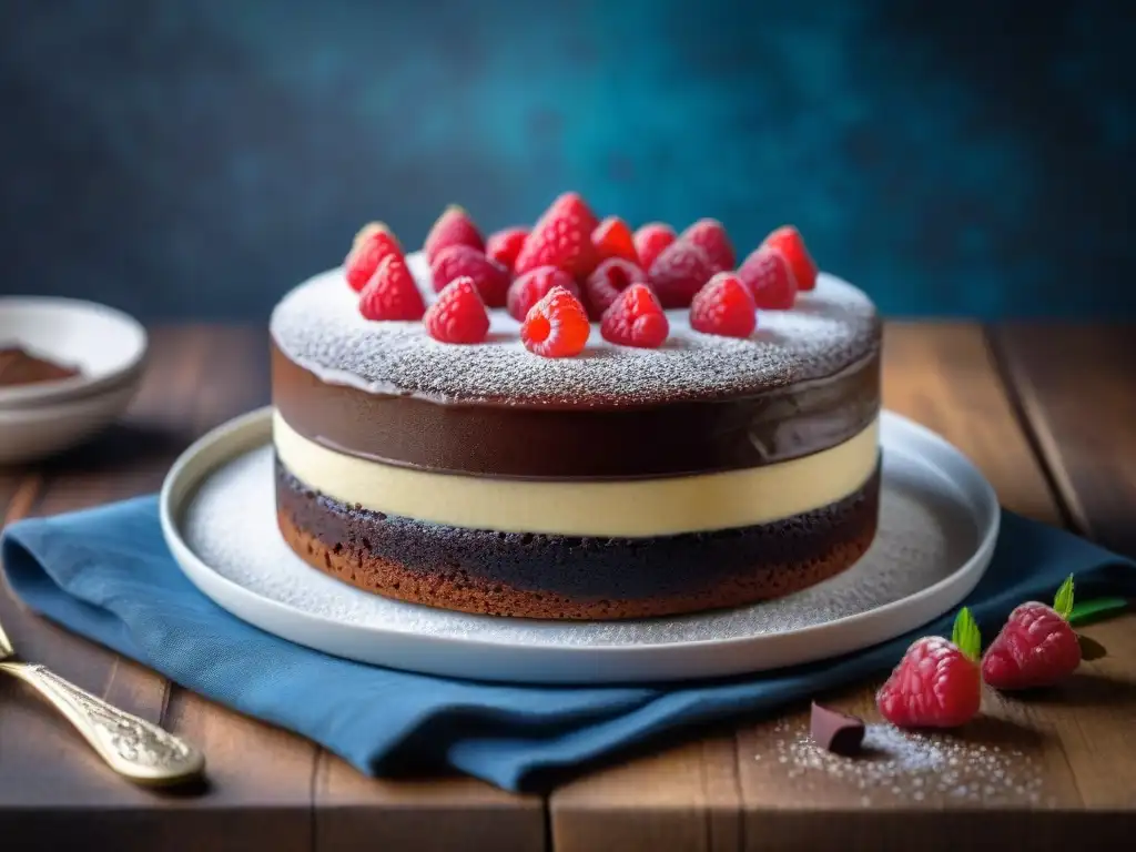 Delicioso pastel de quinua y chocolate sin gluten con ganache de leche de coco y frambuesas frescas en mesa rústica