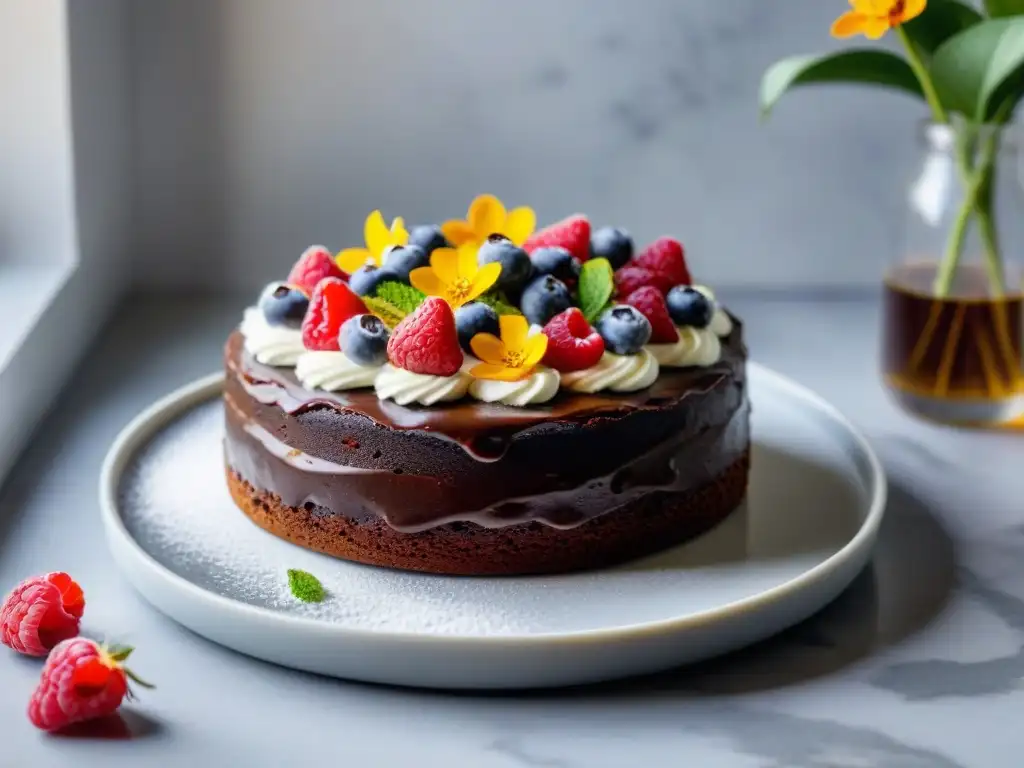 Delicioso pastel vegano de chocolate con frambuesas y flores comestibles, en una encimera de mármol blanco