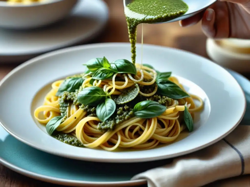 Delicioso pesto sin gluten receta fácil en pasta, con salsa verde brillante y ingredientes frescos detallados