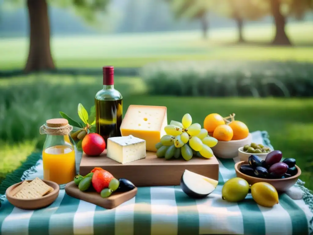 Delicioso picnic sin gluten en un parque verde con sol filtrado entre los árboles