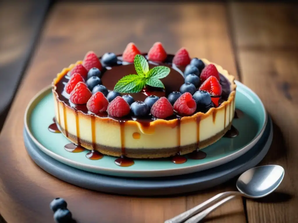 Delicioso plato de flanes y pudines sin gluten, con caramelizado perfecto y decoración de frutas frescas y hojas de menta