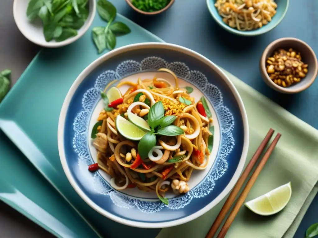 Un delicioso plato de Pad Thai sin gluten, con ingredientes frescos y coloridos, en un escenario de mercado tailandés