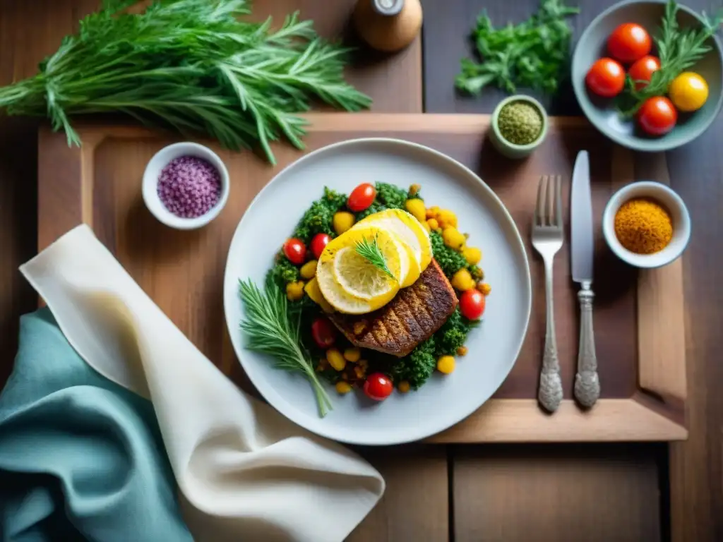 Delicioso plato sin gluten en mesa rústica con recetas internacionales y atmósfera cálida