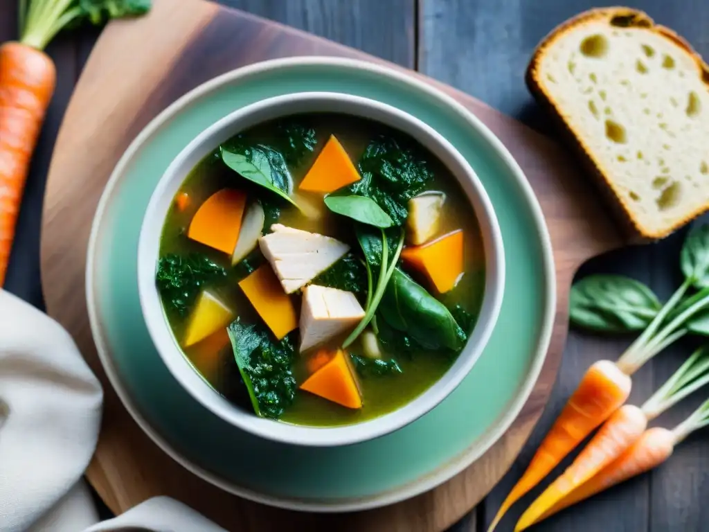 Un delicioso plato de sopa de verduras sin gluten, lleno de coloridos ingredientes de invierno, acompañado de pan sin gluten