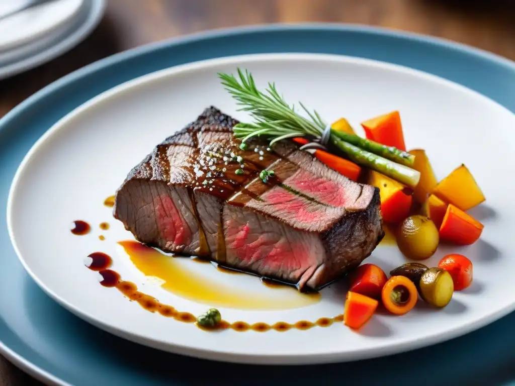 Delicioso plato con steak sous vide, verduras asadas y salsa, en una presentación elegante