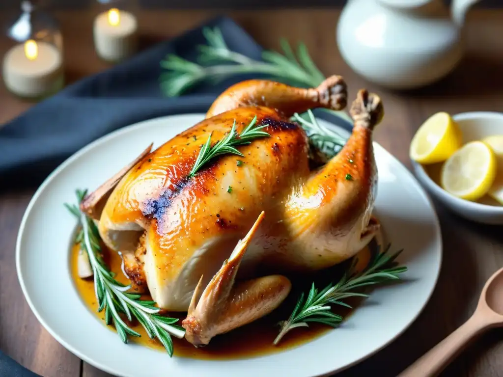 Deliciosa pierna de pollo asado con hierbas y limón Delicioso pollo asado, dorado y jugoso, rodeado de romero, ajo y limón