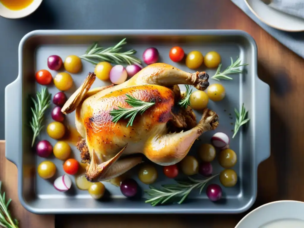 Delicioso pollo asado sin gluten con vegetales coloridos Un delicioso pollo asado sin gluten rodeado de hierbas y verduras, listo para disfrutar