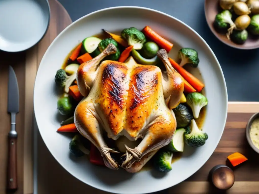 Pollo asado con vegetales, crujiente y dorado, en escena acogedora Delicioso pollo asado con verduras, dorado y crujiente, en un ambiente hogareño y acogedor