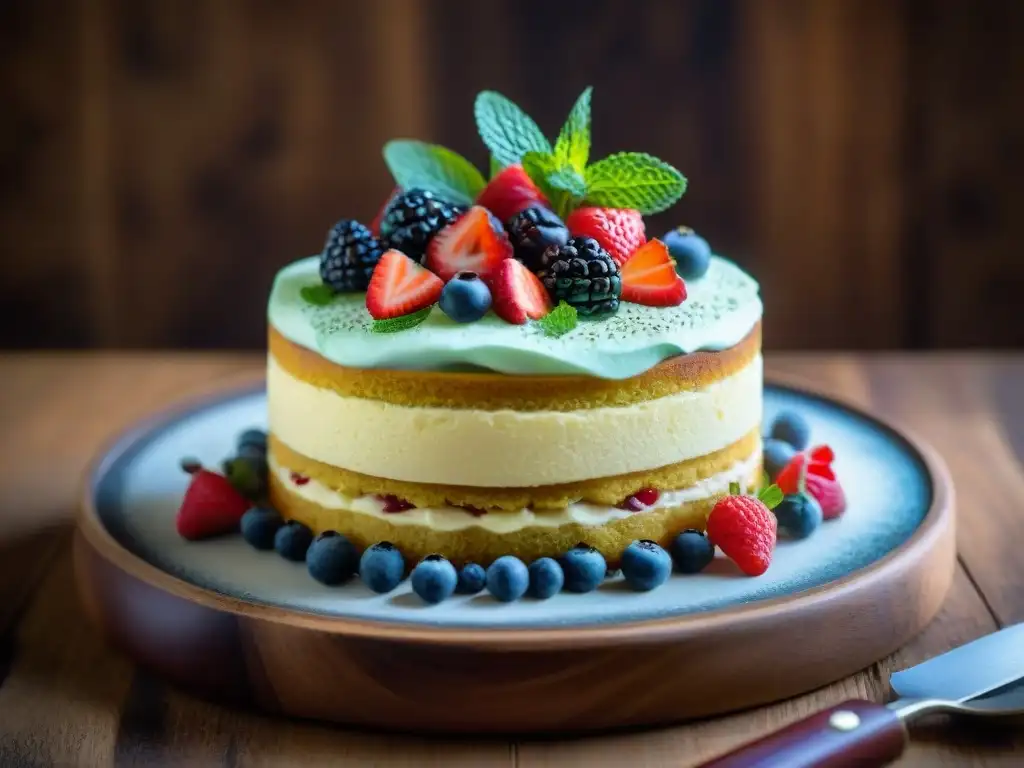 Delicioso postre fermentado sin gluten con bayas y menta en un plato de madera rústico