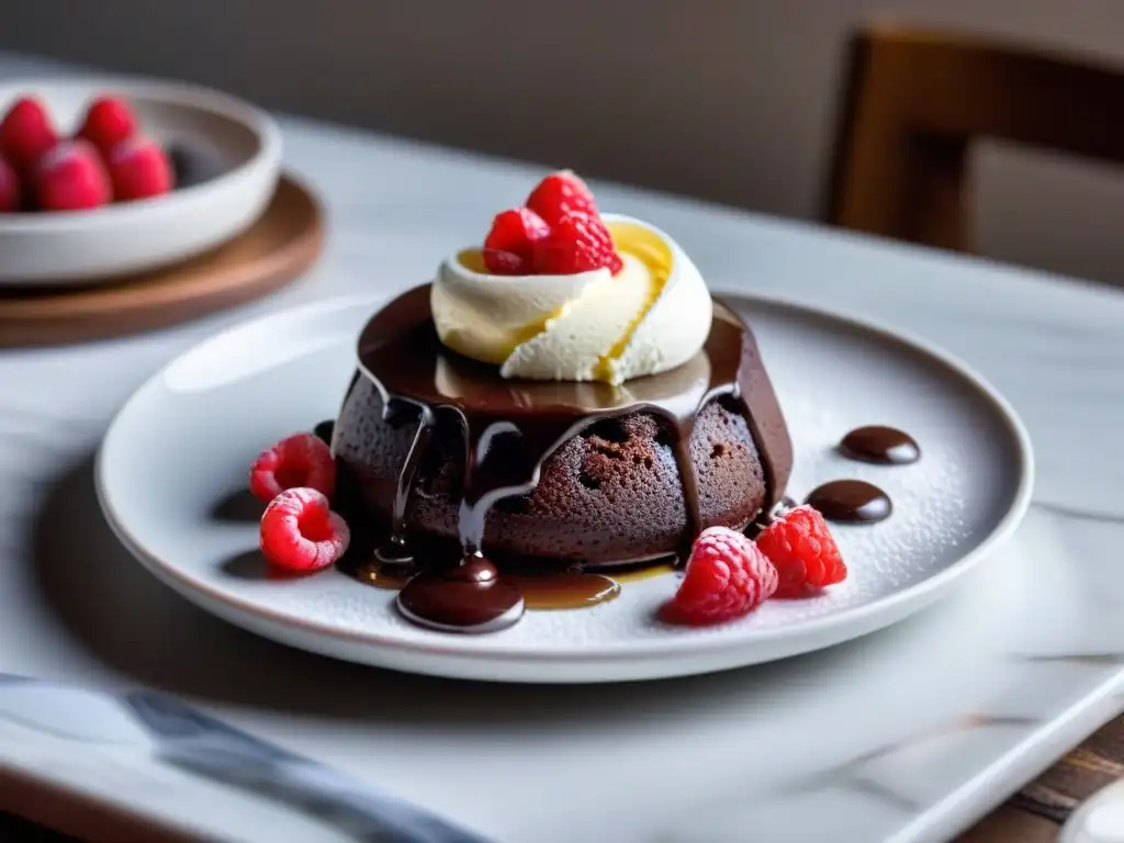 Delicioso postre FODMAP bajo en gluten: pastel de lava de chocolate con helado y frambuesas en un plato blanco en cocina acogedora