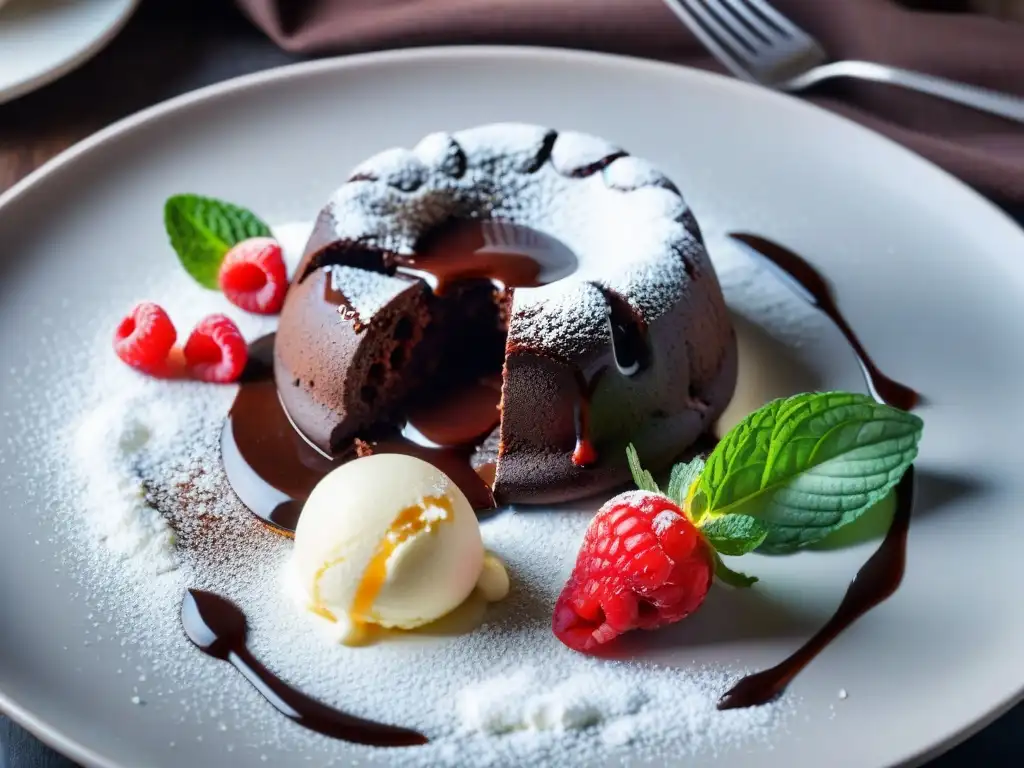 Delicioso postre FODMAP bajo en gluten: exquisito pastel de lava de chocolate con helado de vainilla cremoso y frutas frescas