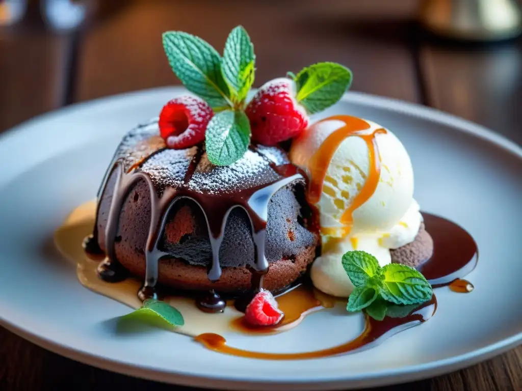 Delicioso postre FODMAP bajo en gluten: pastel de lava de chocolate con helado de vainilla, frambuesas y salsa de caramelo en un café acogedor