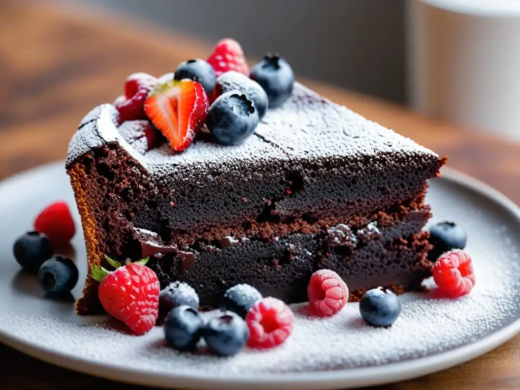 Delicioso postre sin gluten para atletas: pastel de chocolate decadente con frutas frescas y azúcar glas