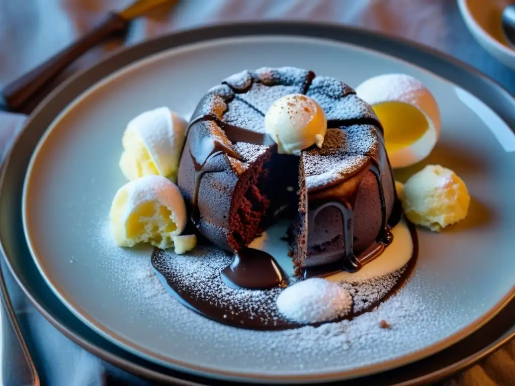 Un delicioso postre sin gluten: un decadente pastel de lava de chocolate con centro fundido, acompañado de helado de vainilla