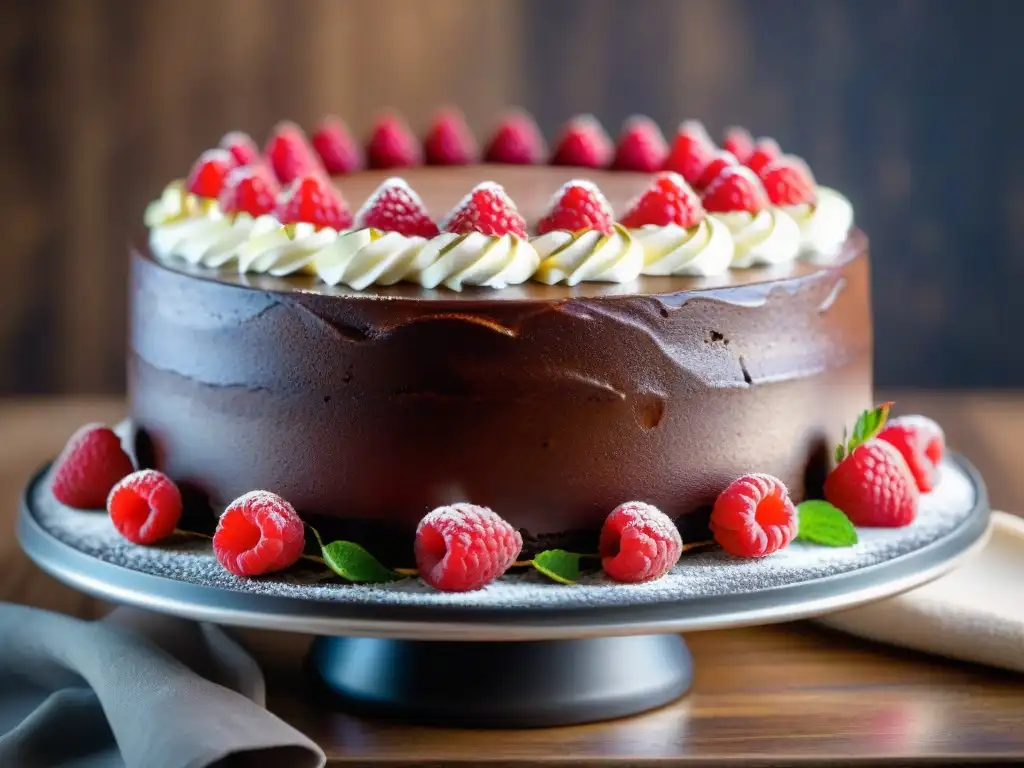 Delicioso postre sin gluten: exquisita tarta de chocolate con frambuesas frescas y azúcar glas, en una cocina soleada