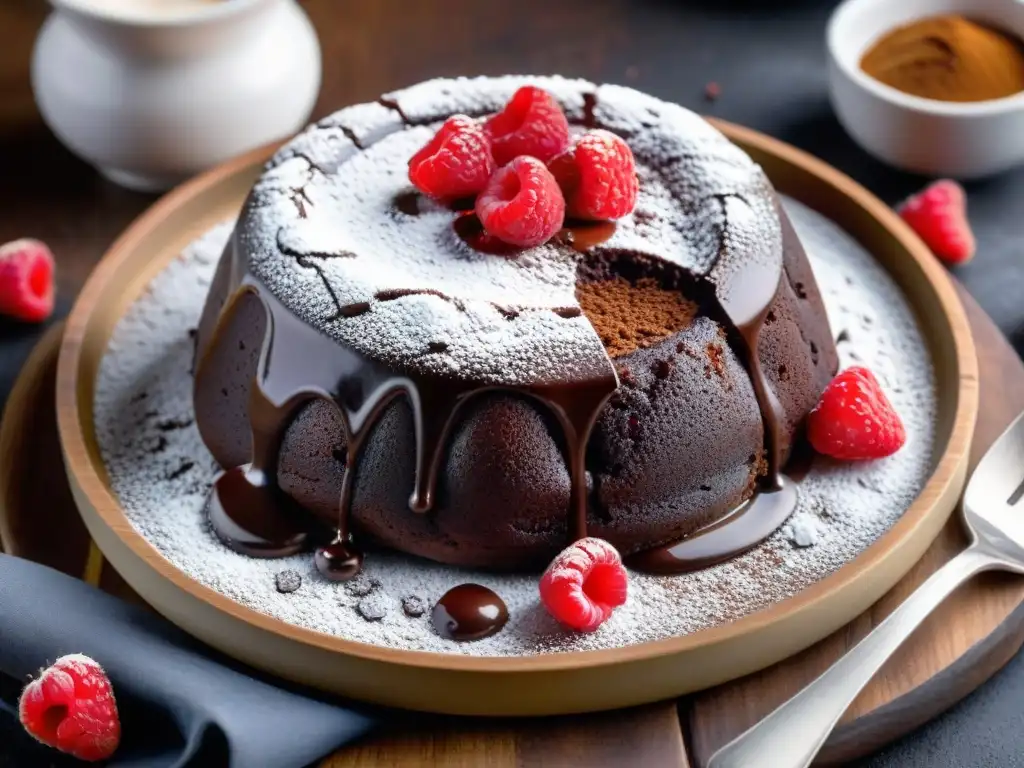 Delicioso postre sin gluten: Pastel de lava de chocolate con frambuesas frescas y crema batida, en plato de madera rústica