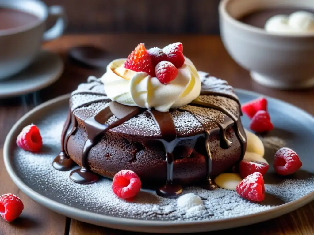 Delicioso postre sin gluten: pastel de lava de chocolate con helado de vainilla y frutas, en mesa rústica con luz suave