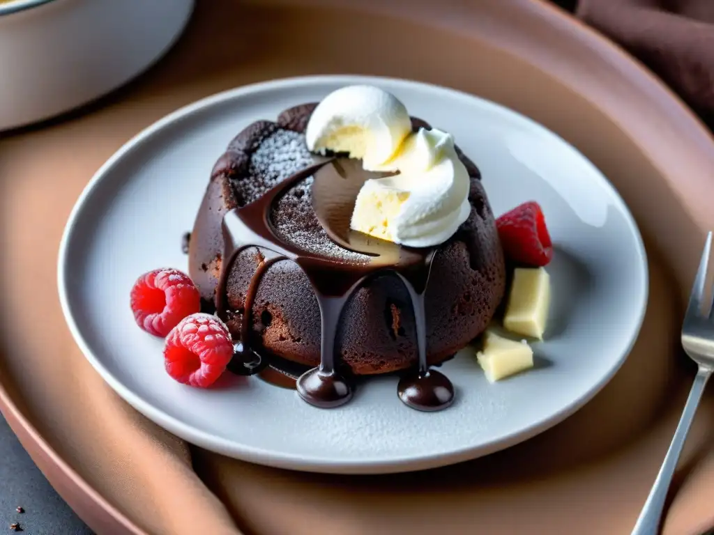 Delicioso postre sin gluten: pastel de lava de chocolate cocinándose lentamente con helado de vainilla cremoso y frambuesas frescas