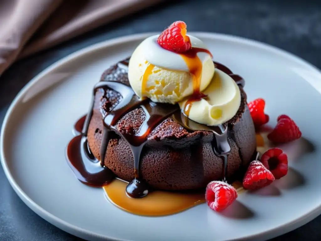 Delicioso postre sin gluten: pastel de lava de chocolate con helado de vainilla, caramelo, frambuesas y hojas de menta en un plato blanco