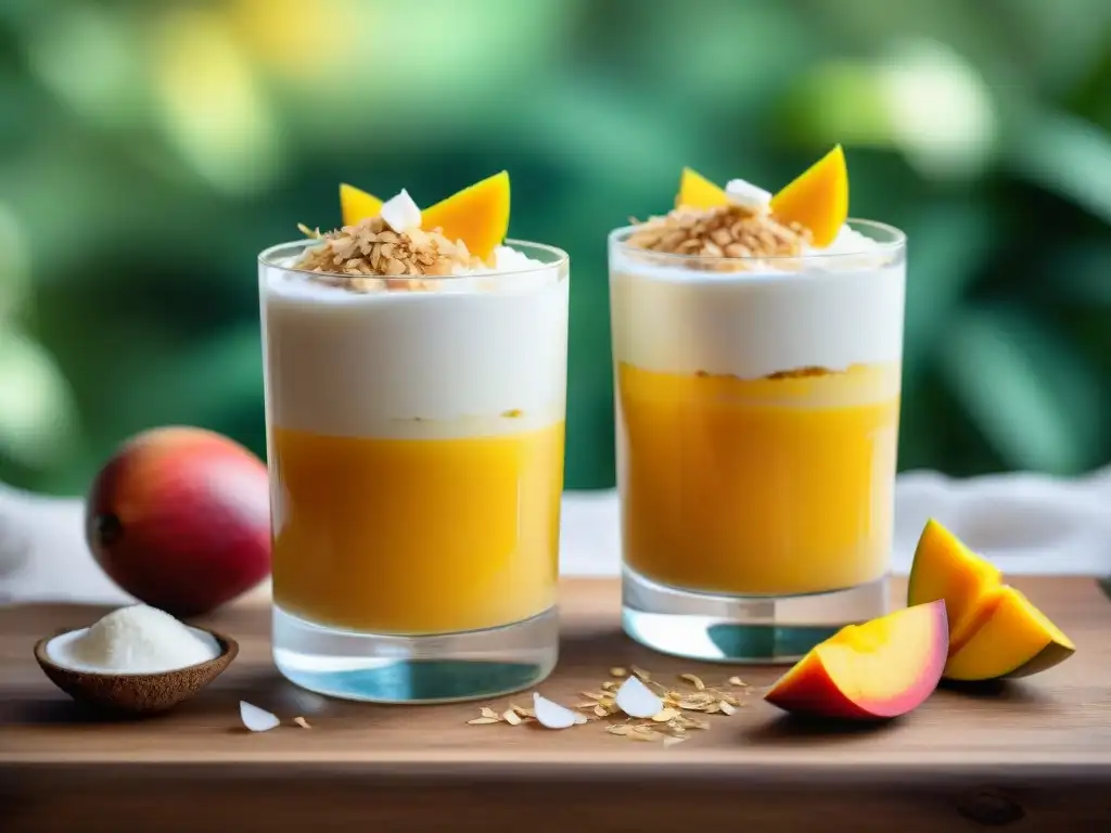 Delicioso postre sin gluten verano: parfait de mango y coco en vaso transparente sobre mesa rústica, con jardín colorido de fondo