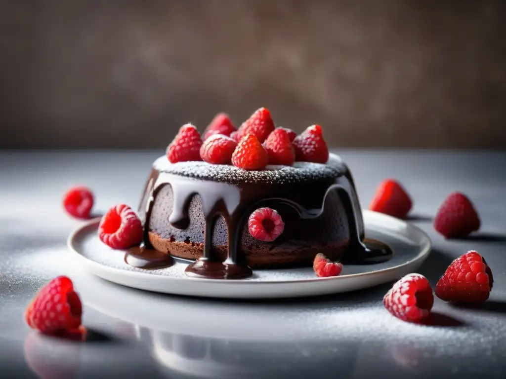 Delicioso pudín de chocolate con frambuesas frescas y azúcar glass, sin gluten