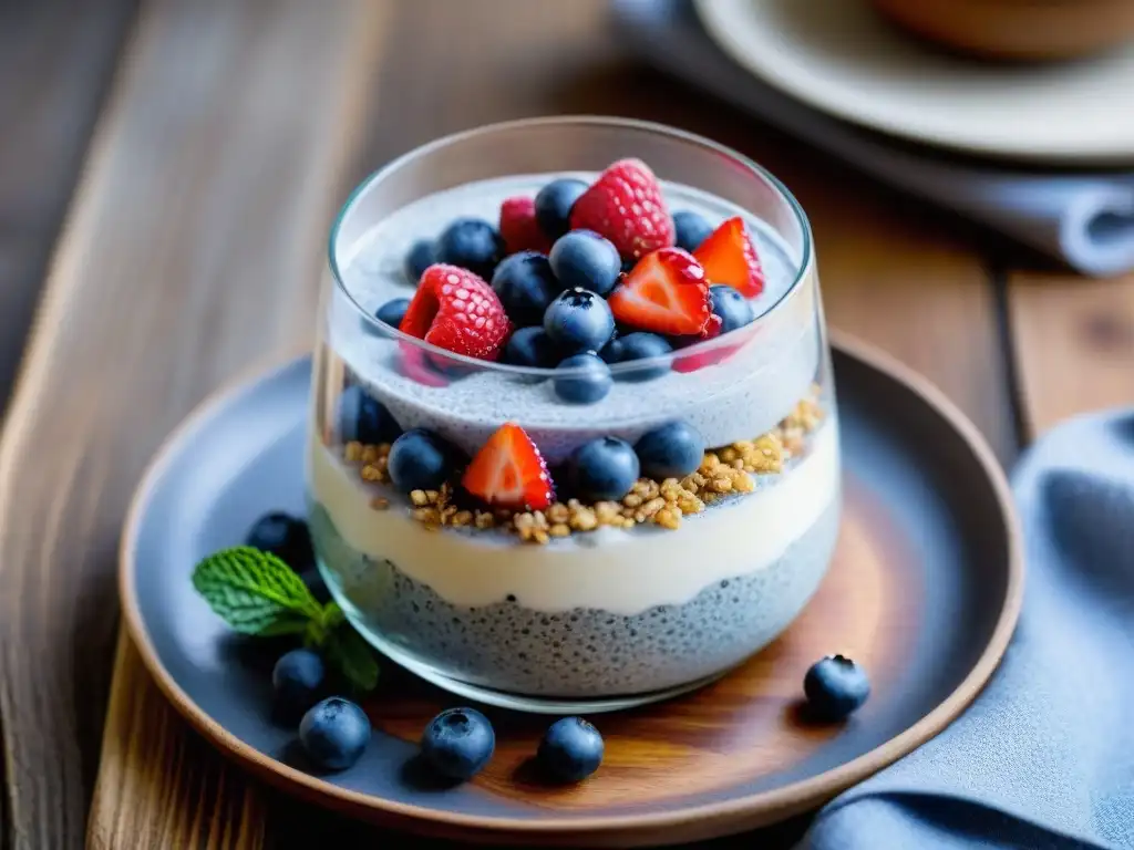 Un delicioso pudín de semillas de chía sin gluten y sin lácteos, con frutas frescas y crema de coco, en una mesa rústica