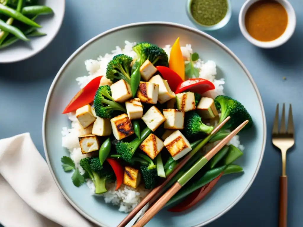 Un delicioso revuelto de tofu sin gluten con verduras frescas y coloridas, perfectamente arreglado en una mesa de madera