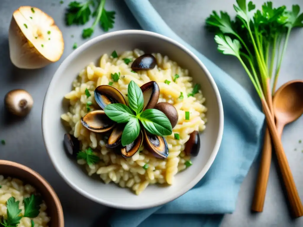 Un delicioso risotto de champiñones sin gluten en una mesa rústica