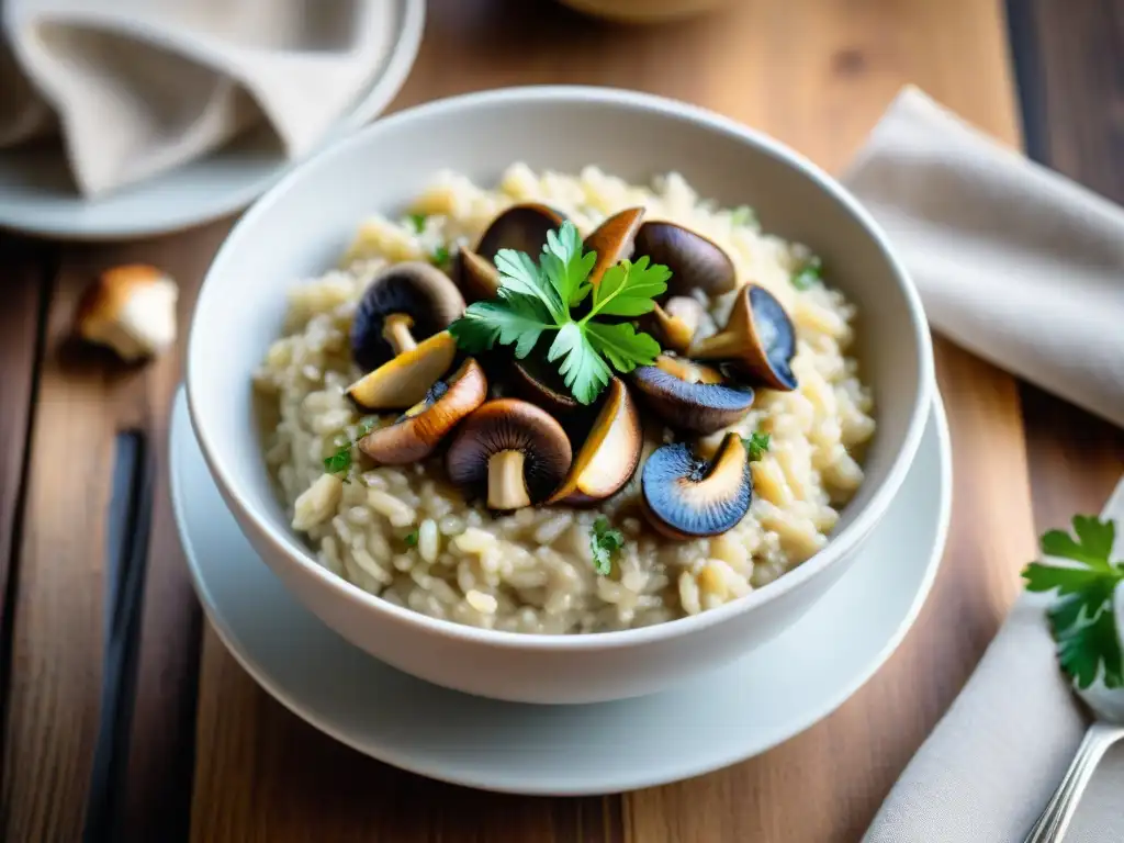 Un delicioso risotto de champiñones sin gluten en un tazón blanco sobre una mesa rústica