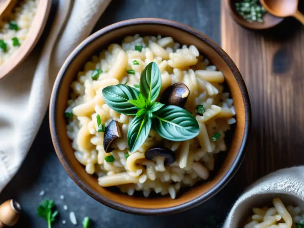 Un delicioso risotto de champiñones sin gluten, con queso parmesano, perejil y pimienta negra