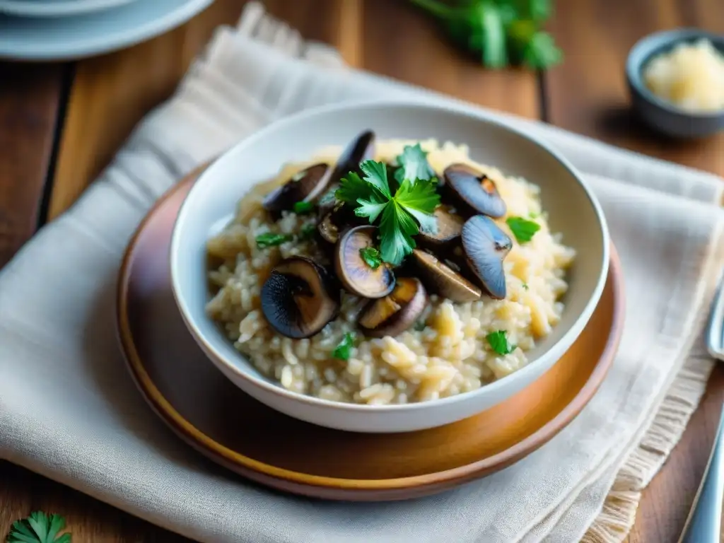 Delicioso risotto de champiñones sin gluten, con queso parmesano y perejil fresco en un tazón de cerámica rústico