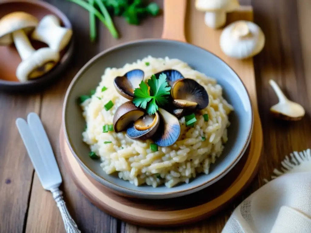 Un delicioso risotto de champiñones sin gluten, presentado de forma gourmet en un ambiente acogedor de cocina