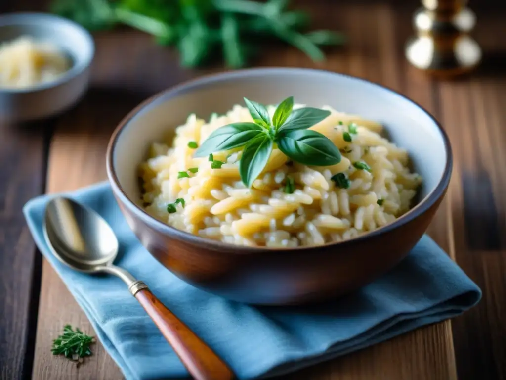 Un delicioso risotto sin gluten receta fácil en cuenco rústico, adornado con hierbas frescas y queso parmesano